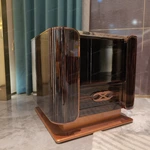 Sculptural Sofa Side Table with Natural Stone Top, Dark Striped Wood Veneer, Open Display Niche and Rose-Gold Stainless Steel Accents